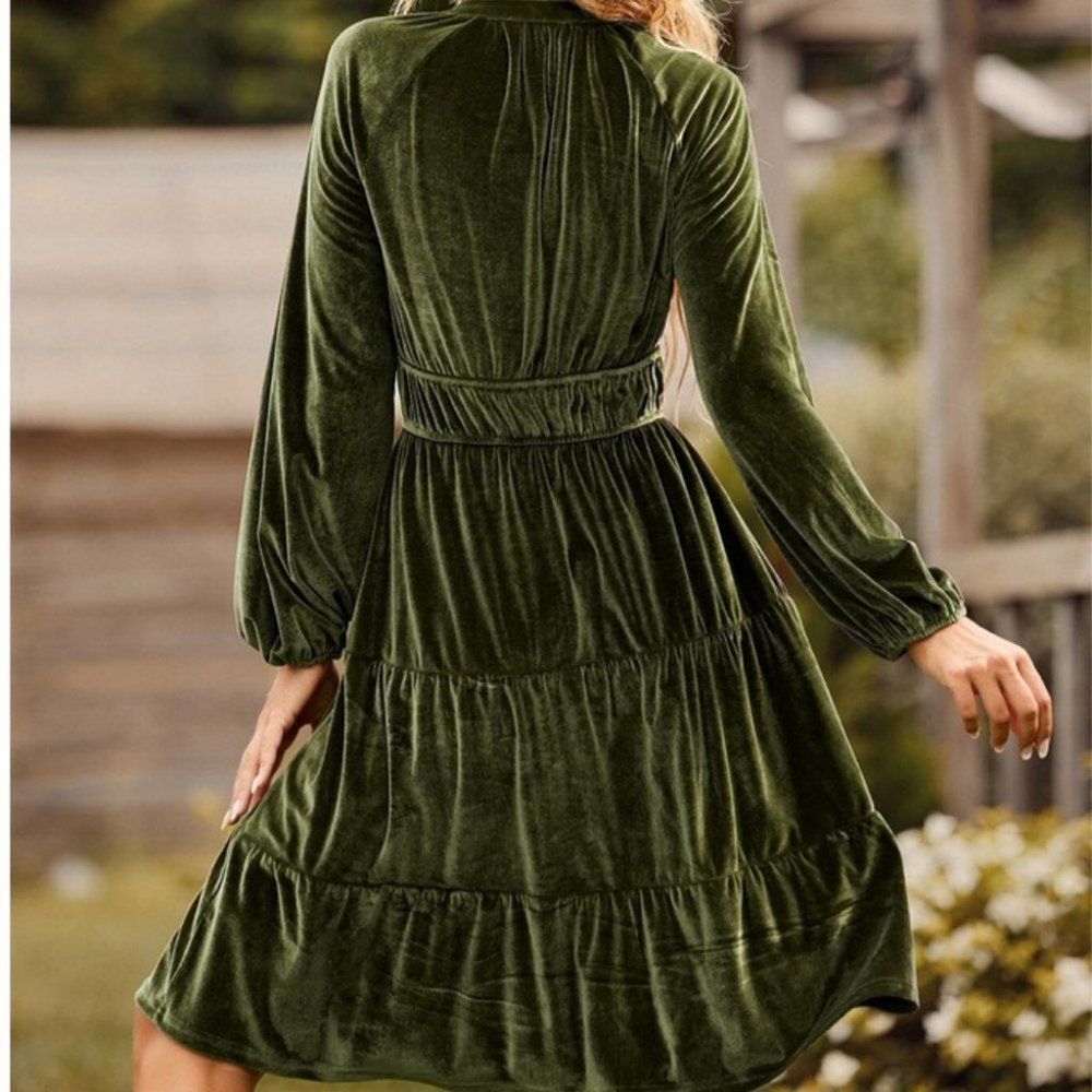 Green OliveBoho Tie Neck detail Lantern Sleeved Velvet Cottagecore Dress - Picture 2 of 7